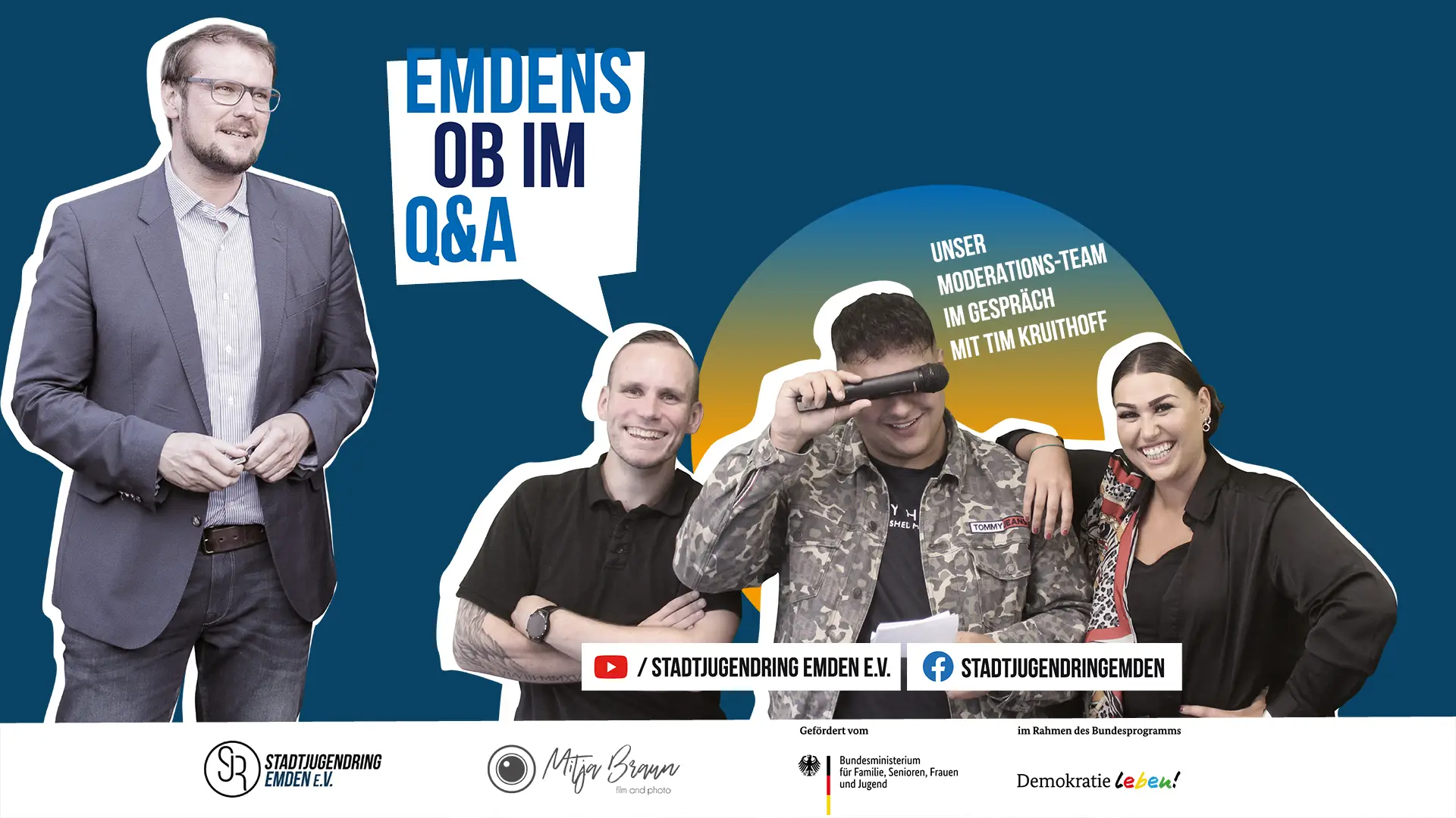 Grafik zum Livestream 'Emdens OB im Q&A' mit Oberbürgermeister Tim Kruithoff und den Moderatoren Mounir Amroun, Heba Ayache und Michael Wagner auf blauem Grund.